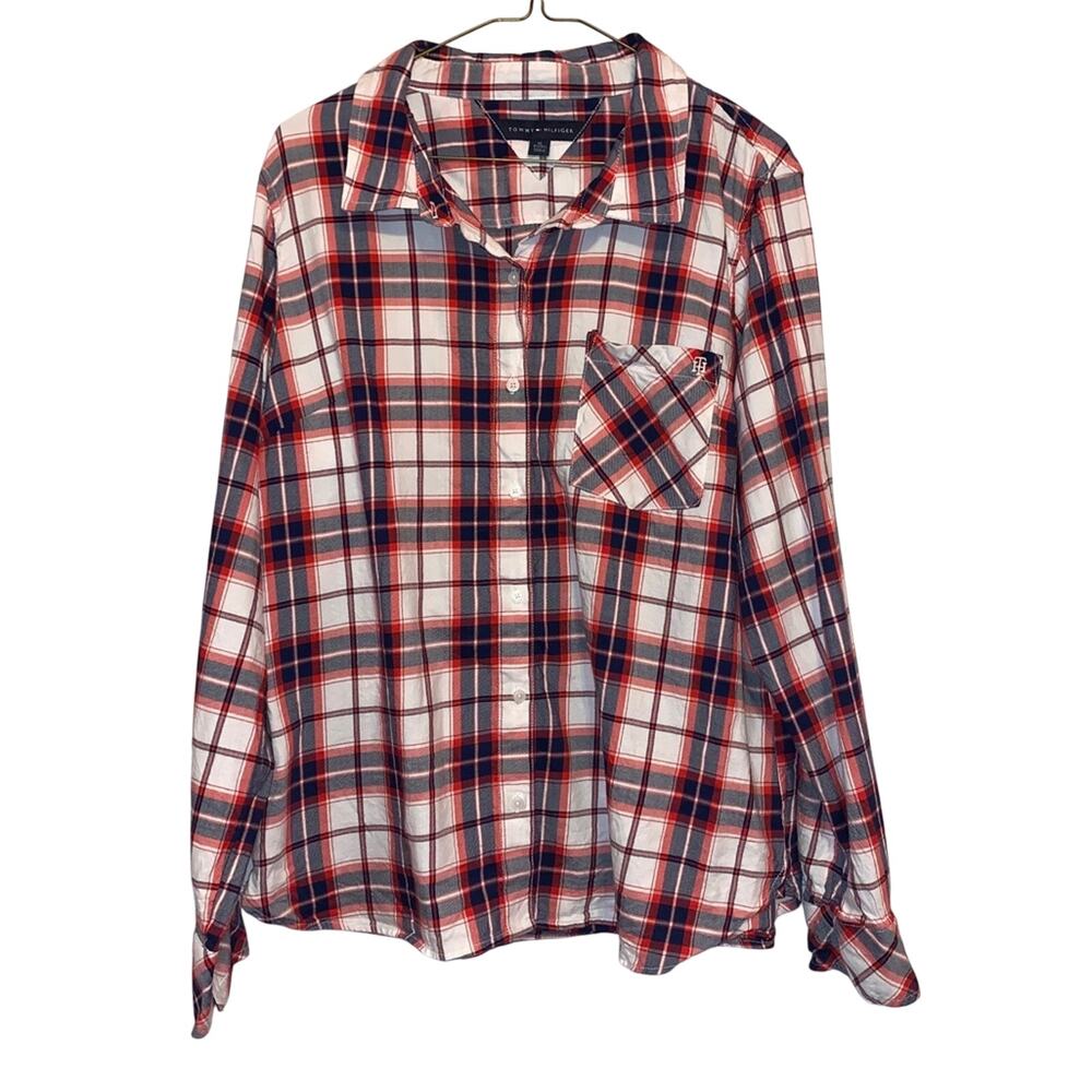Tommy Hilfiger Plaid Shirt XL Tab Sleeve Red Blue Button Up